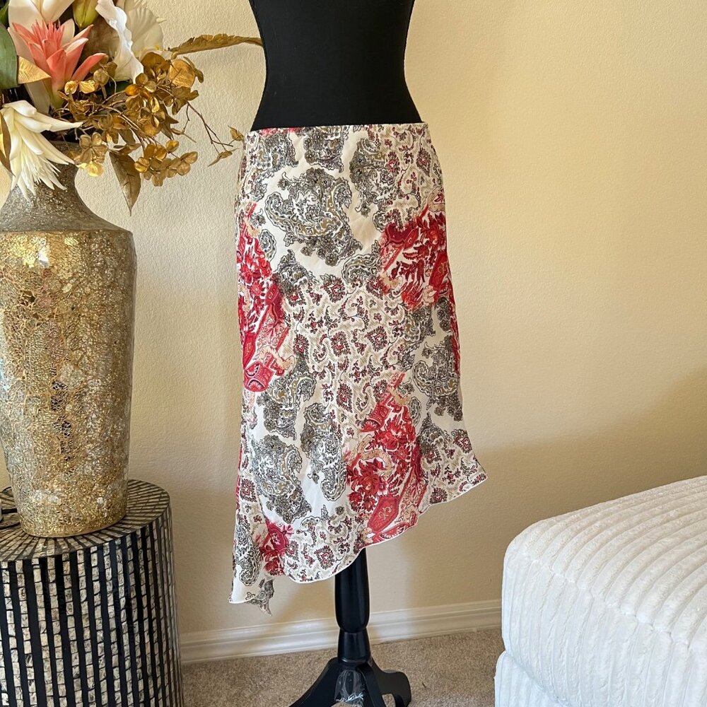 Byer California Paisley Floral Asymmetrical Red & Cream Flowy Lined Skirt M - Picture 1 of 10